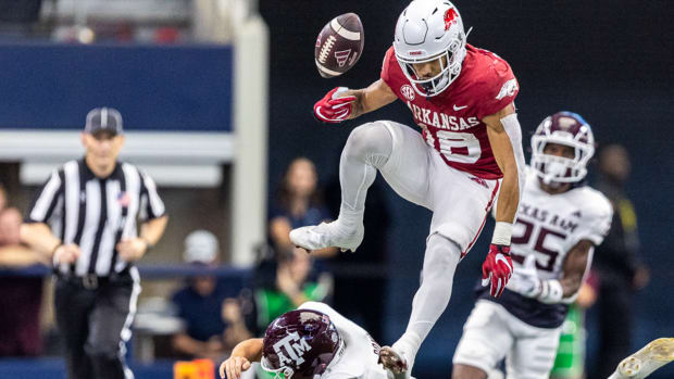 Razorbacks' Isaiah Sategna fumbles on punt return against Texas A&M